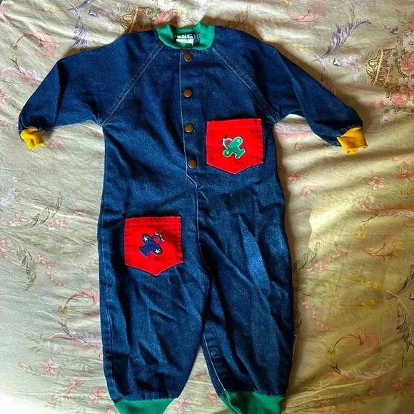 healthtex Other - Vintage 80s 90s Healthtex Denim Jumpsuit Long Sleeve Primary Colors & Airplanes